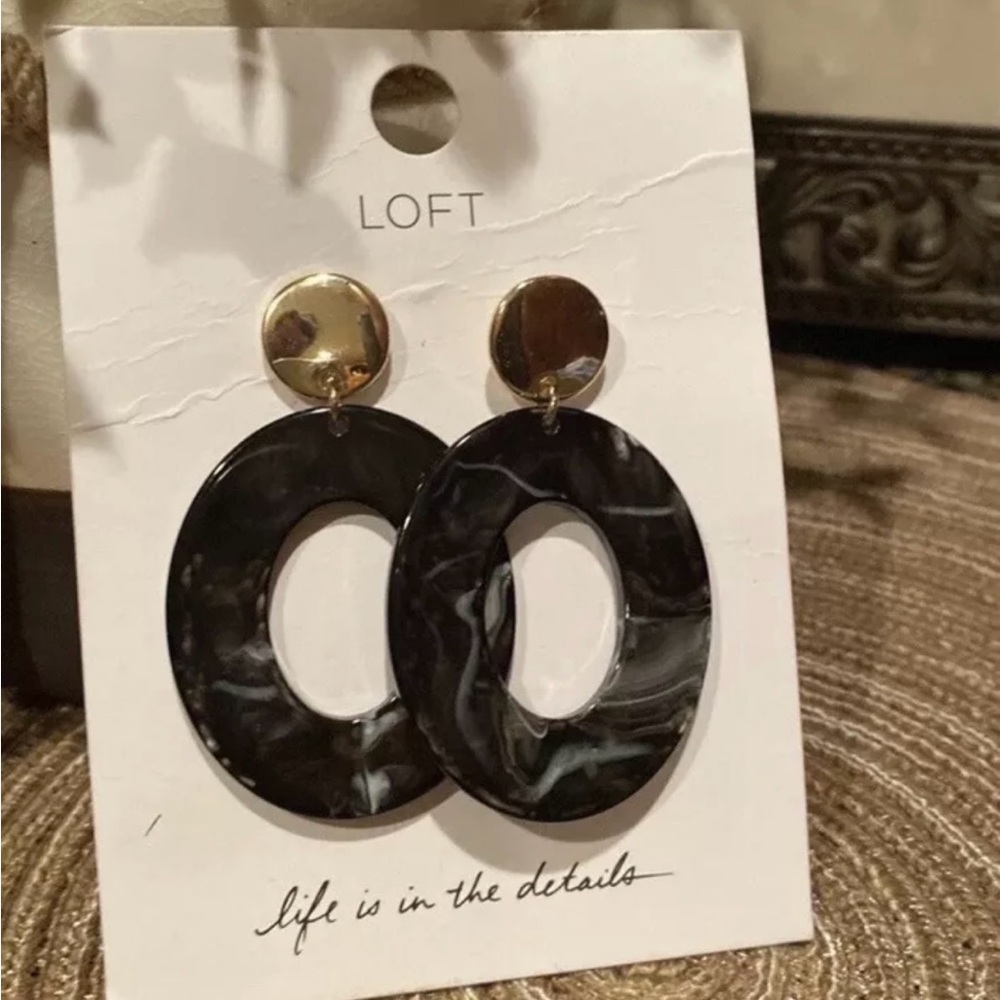 Loft - Goldtone and Black Oval Hoop Dangle Drop Earrings